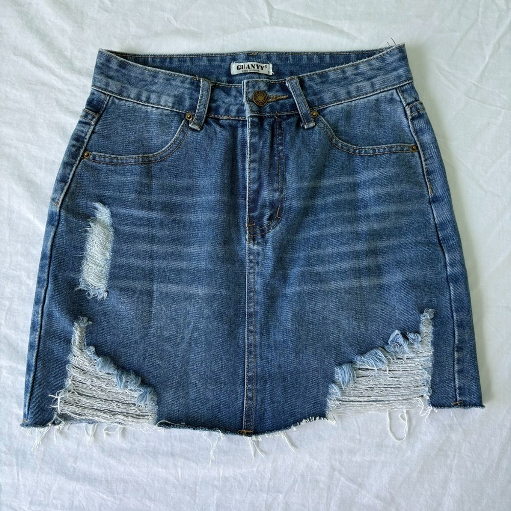 Womens Blue Denim Distressed Mini Jeans Skirt Size S